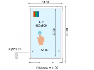 Ortustech 4.3" VA LCM 480×800 320nits Transflective 262K WLED TTL 39pins RTP