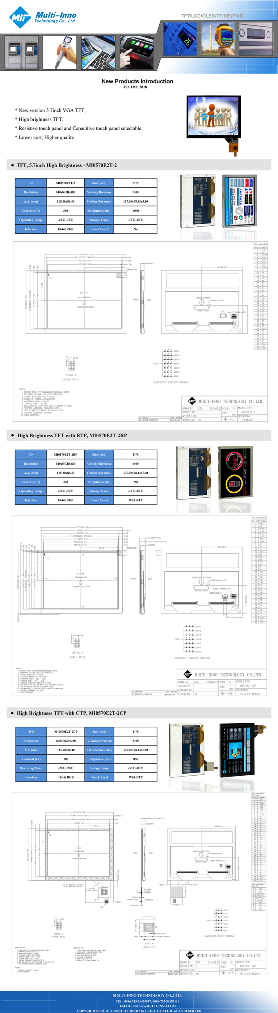MI0570E2T-2 5.7 inch, 640*480, 1000nits, 40pins, 18-bit RGB