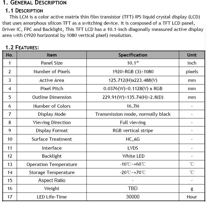 ZTM101BOEL4503-2 10.1inch LCM 1920*1080 40pin IPS 400cd/m2 ...
