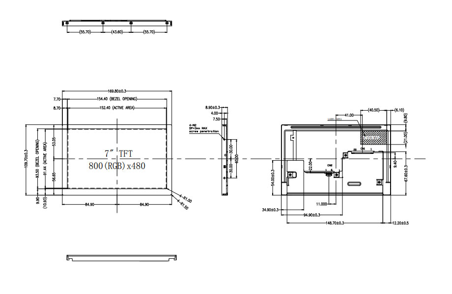 ZW-T070YWHA-06 7.0-inch 800 * 480 TFT LCD module 450nits, 20pins