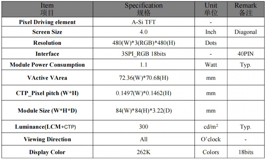 H040HWQ40I3509-CT1 4 inch LCD screen 480×480 SPI+RGB interface 40pin ...