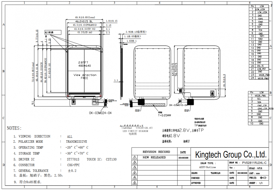 PV02811RJ24LC 2.8inch Protrain Screen, 480x640(WQVGA), MIPI 2line Interface, ST7701S, 24pins, 6